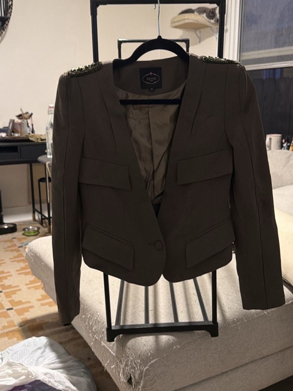 VILA Olive Military-Style Blazer with Embellished Shoulders